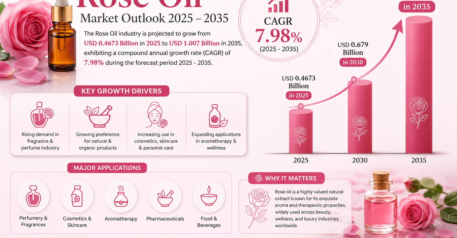Rose Oil Market Estimated to Reach USD 1.007 Billion by 2035 Due to Rising Demand for Organic Ingredients